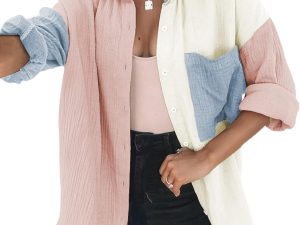 Womens Color Block Button Down Shirts Long Sleeve Oversized Boyfriend Blouses Tops