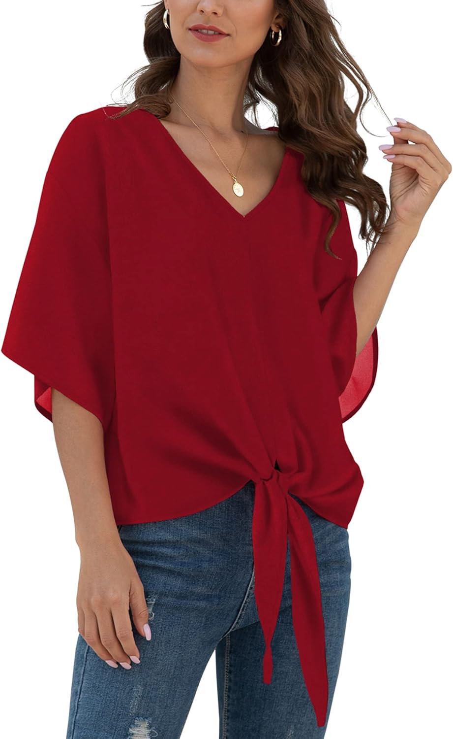 Womens Tie Front Chiffon Blouses V Neck Batwing Short Sleeve Summer Floral Tops Shirts - Image 2