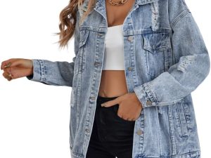 Denim Jacket for Women Ripped Jean Jacket Boyfriend Long Sleeve Trucker Coat