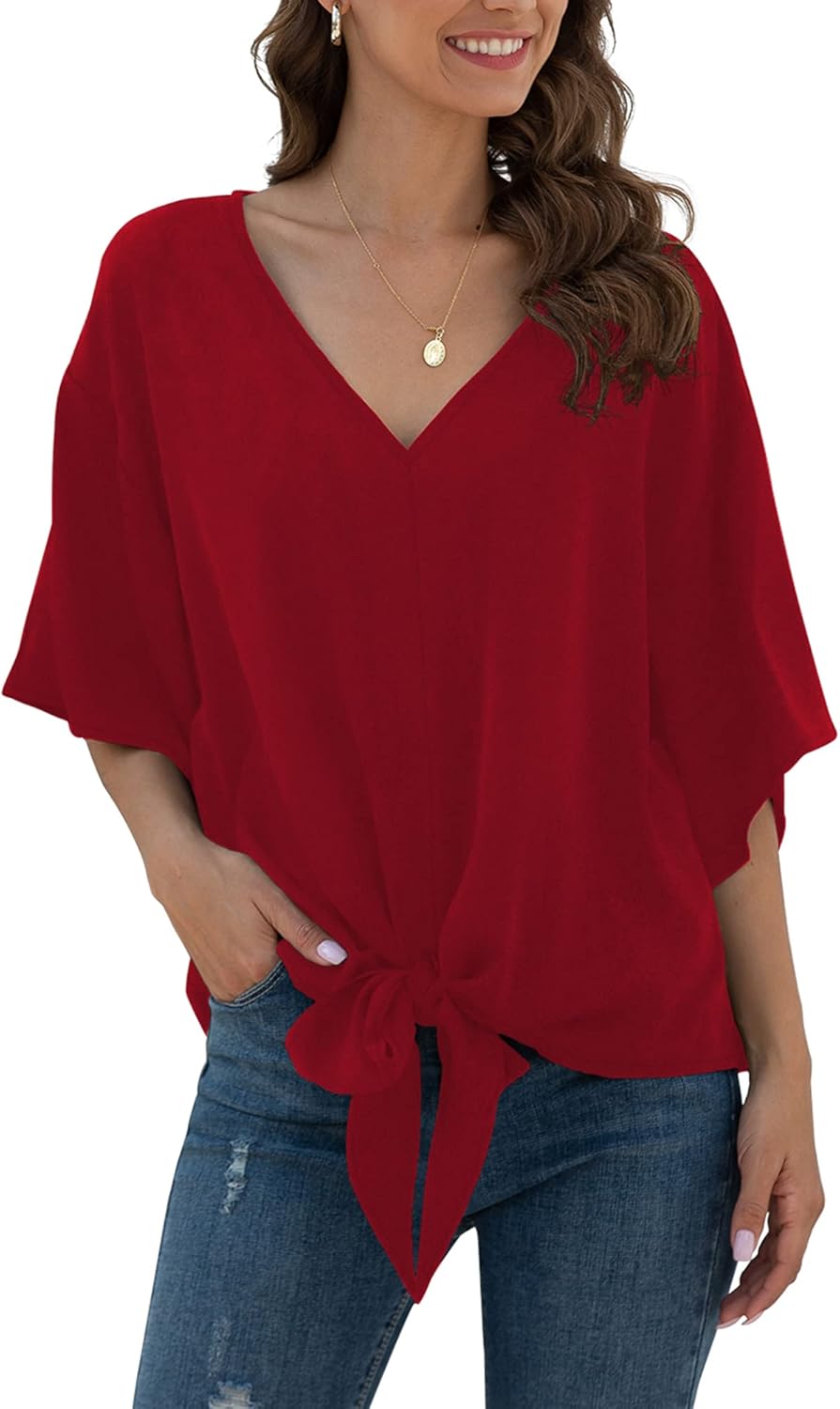 Womens Tie Front Chiffon Blouses V Neck Batwing Short Sleeve Summer Floral Tops Shirts