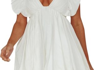 Summer Mini Dress Deep V-Neck Babydoll Dress Bubble Dress Backless Lace Up Sexy Short Dress