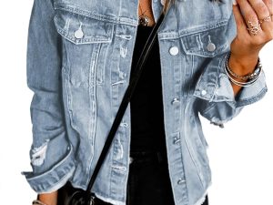 Women Boyfriend Washed Crop Denim Jean Jacket Coat