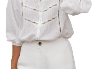 Women's Button Down Shirts Lace Blouses Bracelet Sleeves Round Neck Loose Pleated Cotton Tops