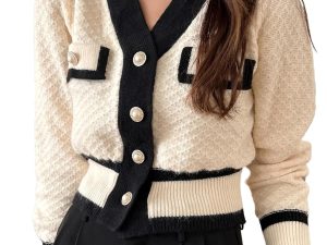 Women's Contrast Trim Long Sleeve Button Front V Neck Cardigan