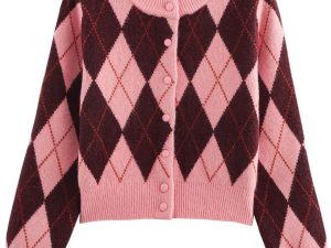 Argyle Sweater Women Vintage Knit Cardigan Sweater Long Sleeve Button Down Soft Outwear for Fall Spring