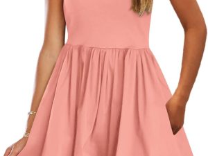 Summer Dresses for Women 2026 Casual Sleeveless Tank Mini Short Dress Crew Neck Bubble Sundress with Pockets