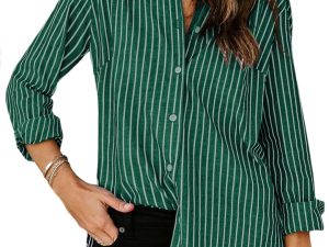 Womens Button Down Shirts Cotton Striped Dress Shirt Long Sleeve Collared Office Work Blouses Tops