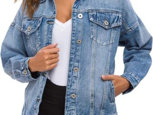 Women  Vintage Washed Denim Jacket Long Sleeve Classic Loose Jean Trucker Jacket D003