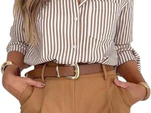 Striped Button Down Shirts for Women Dress Shirts Long Sleeve Casual Collared Office Work Shirt with Pocket