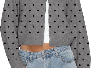 Women  Polka Dot Button Up Open Front Crop Cardigan Sweater Long Sleeve Crewneck Knit Tops Cute Fall Outfits