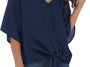 Womens Tie Front Chiffon Blouses V Neck Batwing Short Sleeve Summer Floral Tops Shirts