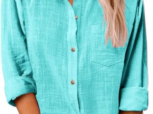 Button Down Shirts for Women Gauze Cotton Long Sleeve Shirt Collared Plus Size Blouses  Summer Linen Tops Clothing