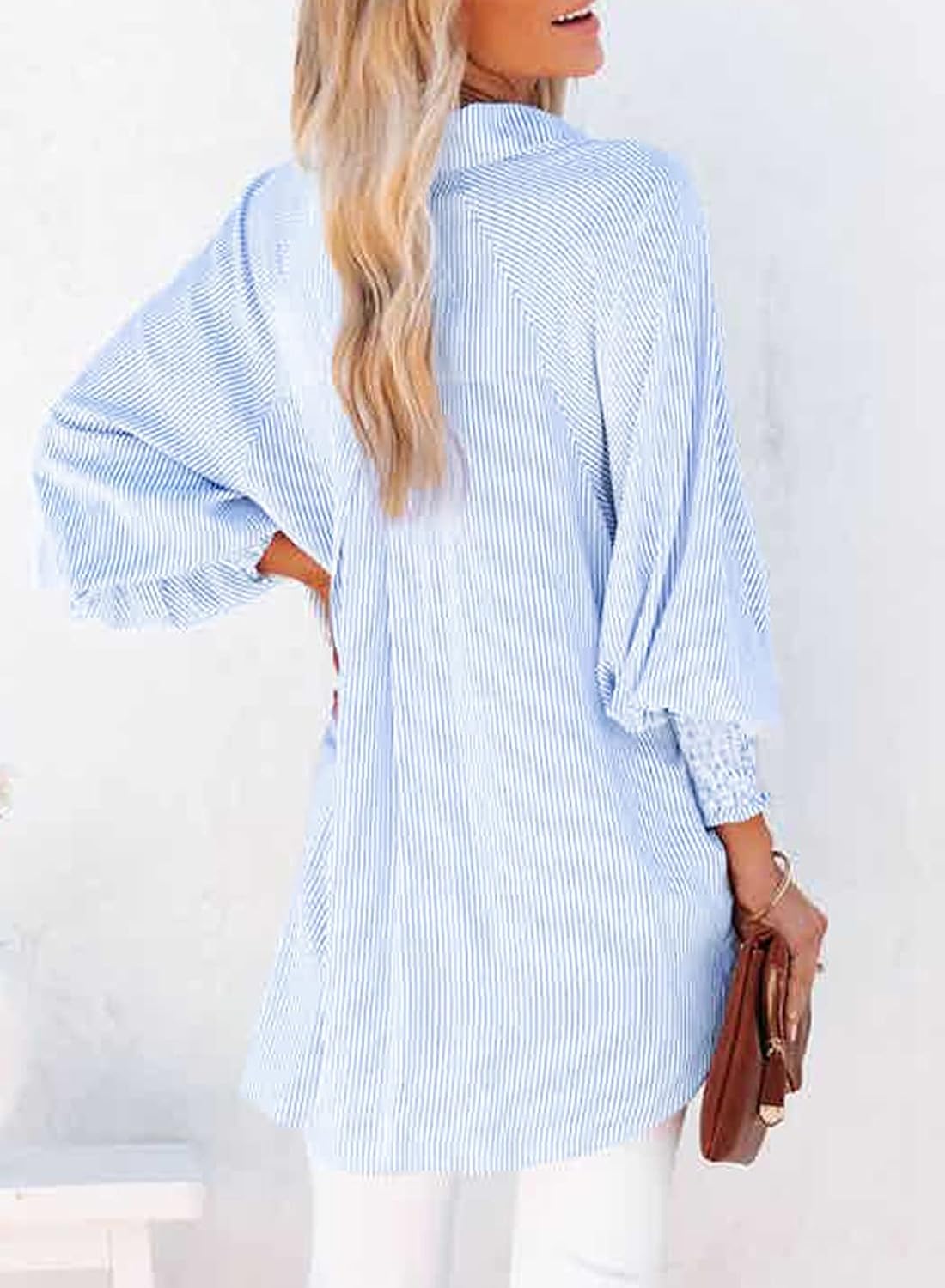 Womens Smocked Cuffed Striped Boyfriend Shirt Casual Collar Long Sleeve Oversized Button Down Blouse Tops with Pocket Shirred - Image 2