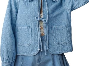 Women Denim Jacket Casual Long Sleeve Peter Pan Collar Denim Shirts Tie Front Shacket Loose Fit Top