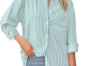 Womens Button Down Shirts Striped Shirt Long Sleeve Casual Collared Office Work Loose Fit Blouses Tops Pocket