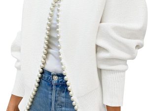 Women's Open Front Cardigan Sweater  Fall Casual Knitted Long Sleeve Pearls Trim Outerwear Coat Trendy Clothes